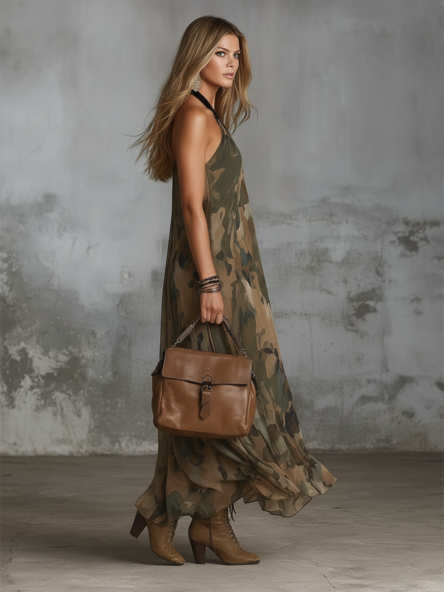 Chic And Elegant Green Camouflage Print Halter-neck Chiffon Maxi Dress