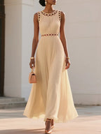 Orange Hollow Out Pleated Chiffon Crew Neck Sleeveless A-Line Maxi Dress