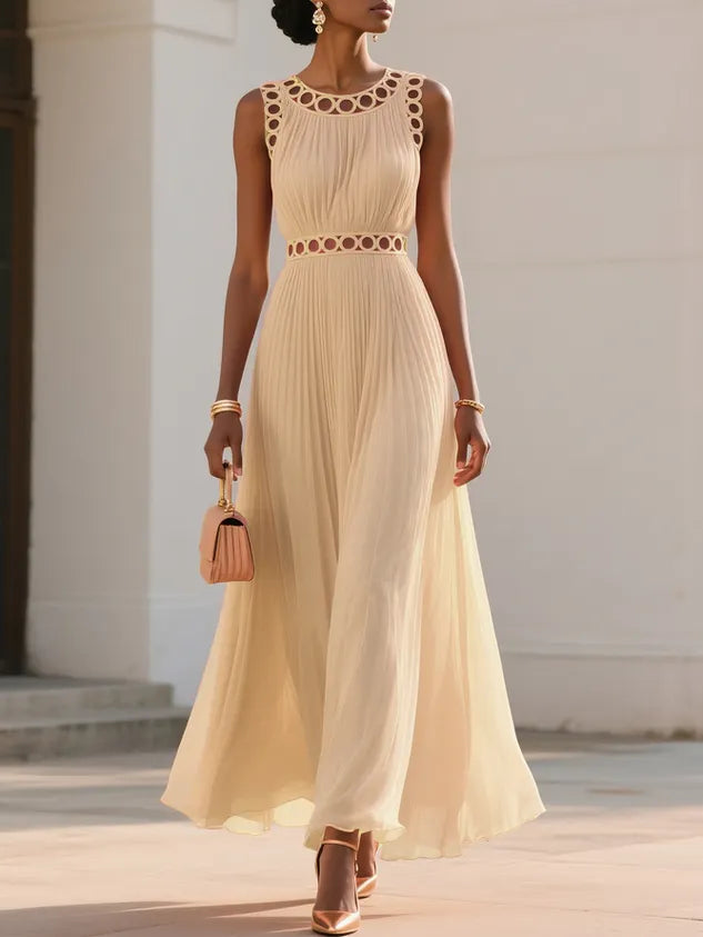 Orange Hollow Out Pleated Chiffon Crew Neck Sleeveless A-Line Maxi Dress