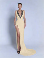 Halter V-Neck Wide Shoulder Straps Sleeveless Long Mermaid Prom Dress With Beadings And Split YK0734