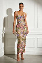 Pink 3D Floral Lace Applique V Neck Sleeveless Sheath Maxi Dress