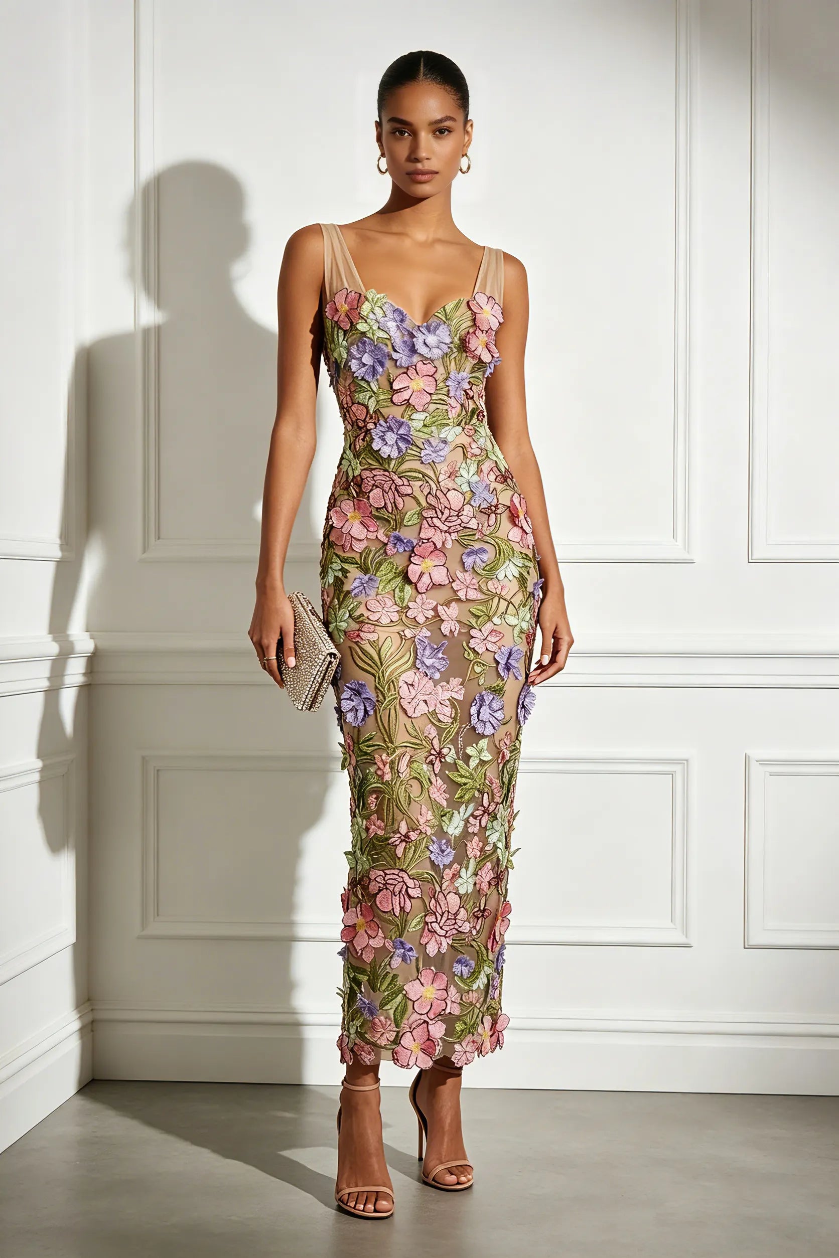 Pink 3D Floral Lace Applique V Neck Sleeveless Sheath Maxi Dress