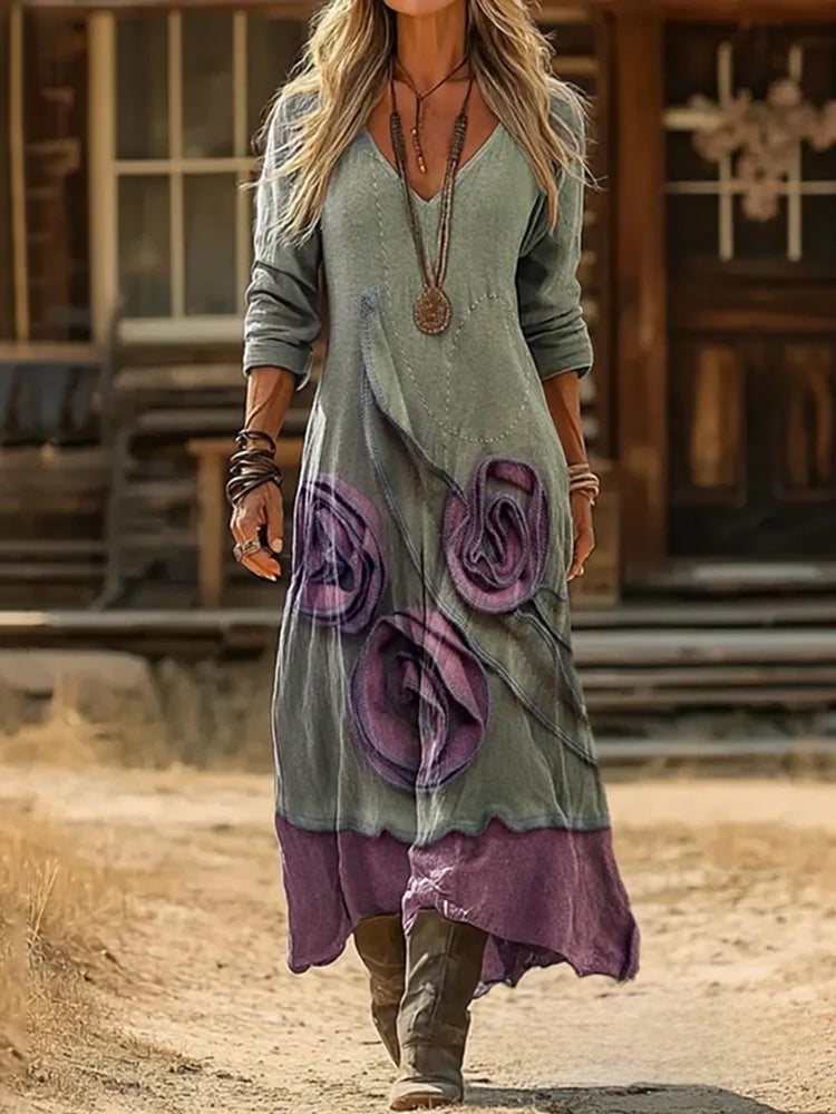 Vintage Floral Art Pattern Linen Blend  V-neck Loose Long Sleeve Midi Dress