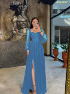 Lace Square Neck  Lantern Long Sleeves Long A-Line Pleated Prom Dress With Split And Corset YK0413