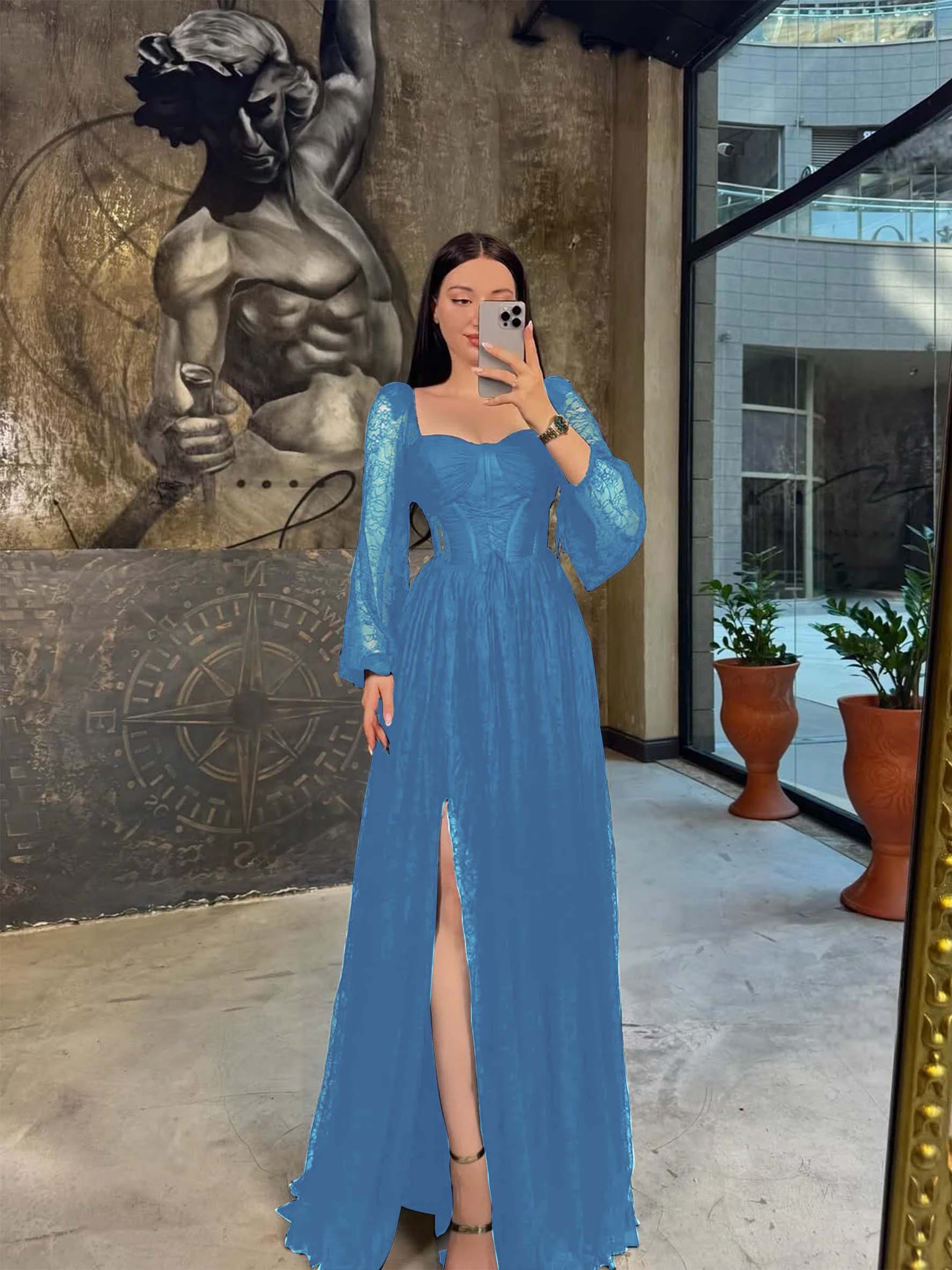 Lace Square Neck  Lantern Long Sleeves Long A-Line Pleated Prom Dress With Split And Corset YK0413