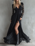 Stylish Western-style Lace-paneled Split Black Maxi Dress