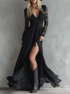 Stylish Western-style Lace-paneled Split Black Maxi Dress