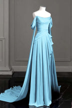 Cocoslly Off-The-Shoulder Pleated Long Prom Dress With Trailing On Both Sides | Purple Satin ZT0580