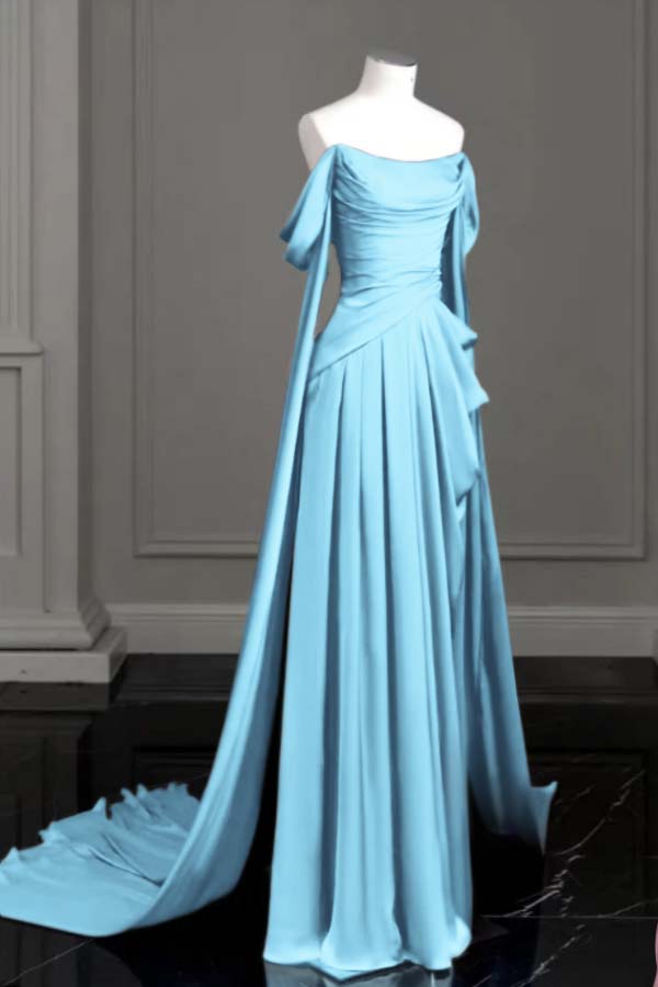Cocoslly Off-The-Shoulder Pleated Long Prom Dress With Trailing On Both Sides | Purple Satin ZT0580
