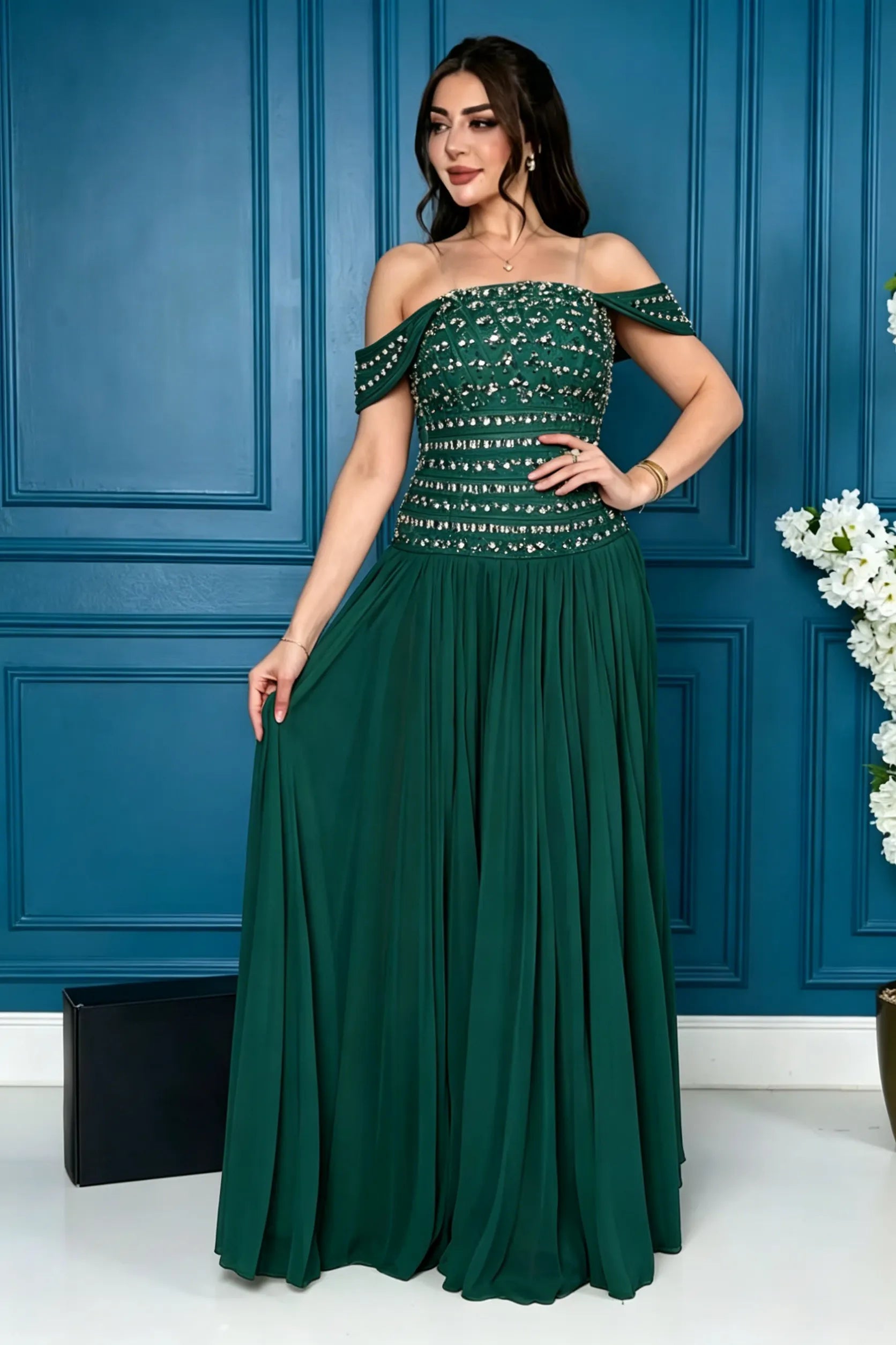 Cocoslly Off-The-Shoulder Sleeveless High Waist Long Prom Dress With Rhinstone | Champage Chiffon LR0566