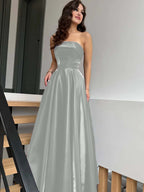 Satin Strapless Sleeveless High-Waisted Long A-Line Prom Dress With Pleated YK0638