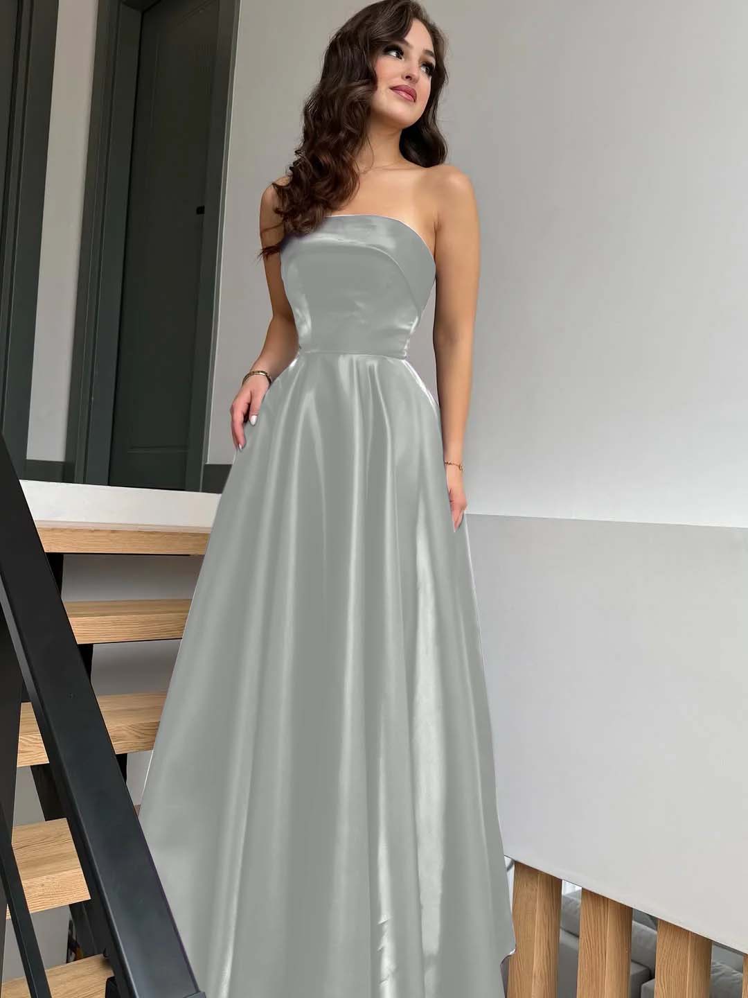 Satin Strapless Sleeveless High-Waisted Long A-Line Prom Dress With Pleated YK0638