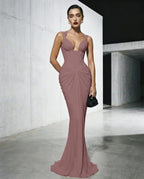 Cocoslly Spaghetti Straps Sleeveless High Waist Long Mermaid Prom Dress With Pleated | Red Satin LX0112