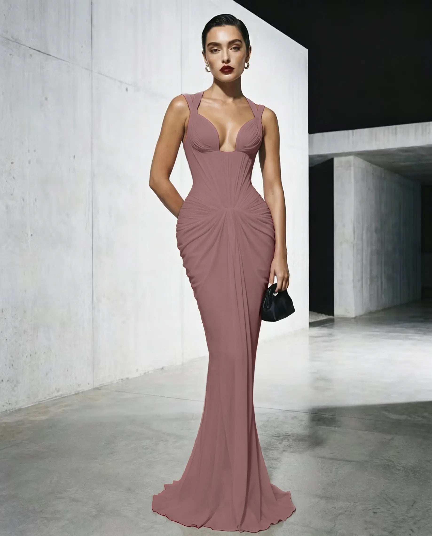 Cocoslly Spaghetti Straps Sleeveless High Waist Long Mermaid Prom Dress With Pleated | Red Satin LX0112