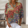 Women's Floral In Gradient Art Print Flowy Linen Blend  Three-quarter Sleeve V Neck Linen Tops