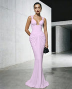 Cocoslly Spaghetti Straps Sleeveless High Waist Long Mermaid Prom Dress With Pleated | Red Satin LX0112