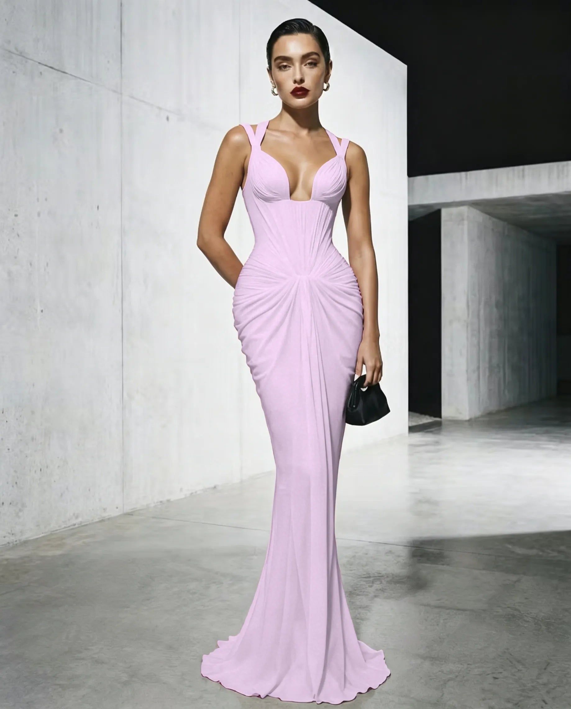 Cocoslly Spaghetti Straps Sleeveless High Waist Long Mermaid Prom Dress With Pleated | Red Satin LX0112