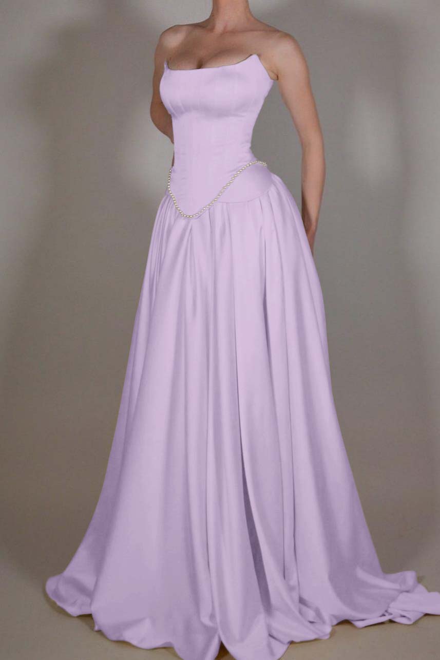 Cocoslly Strapless Sleeveless Long A Line Prom Dress With Pleated Beading