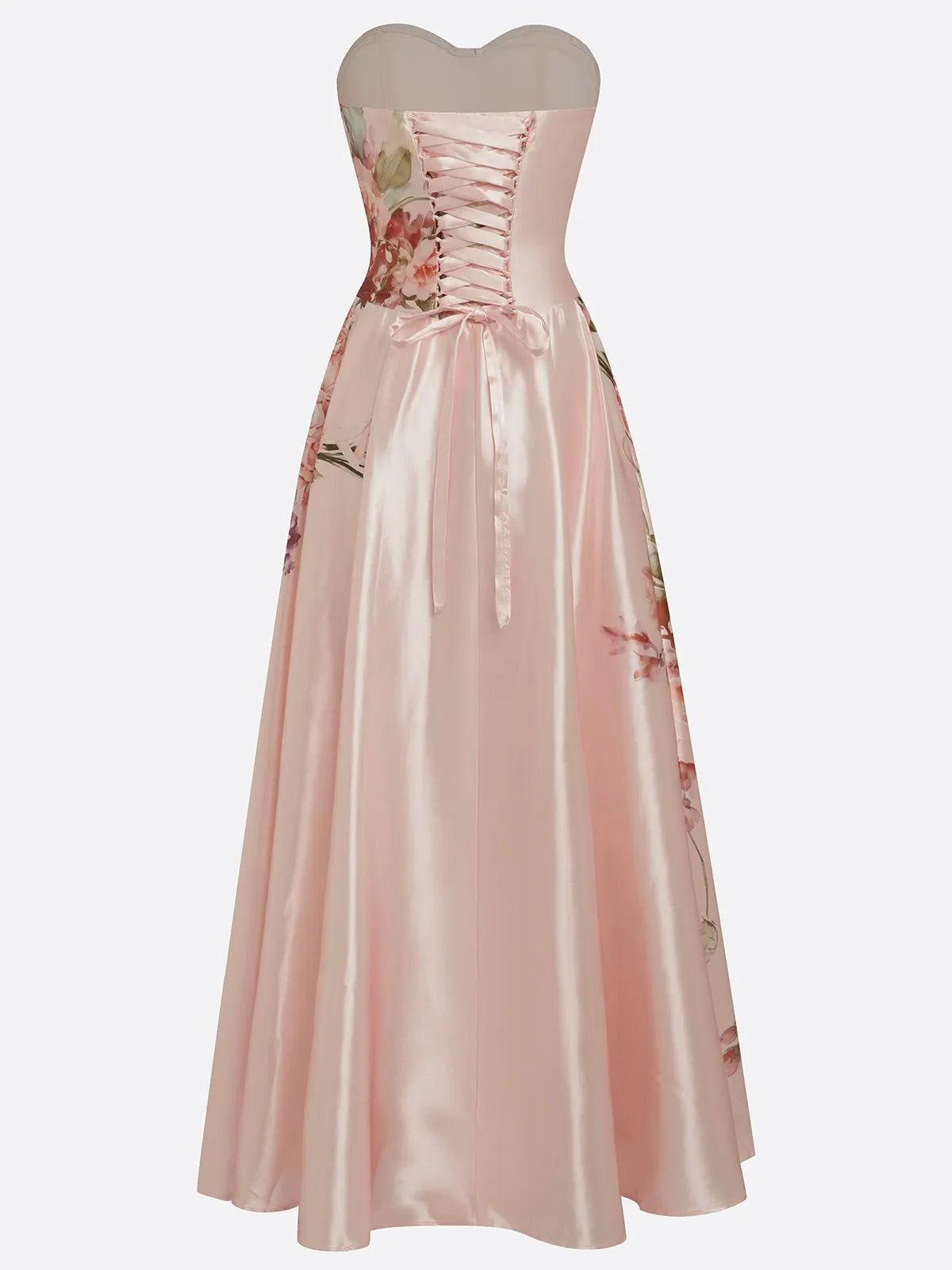 Pink Floral Satin Strapless Sleeveless A-Line Gown Dress