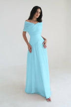 Chiffon Off the Shoulder Sleeveless Long Prom Dress With Pleated WQ0385