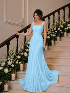 Cocoslly Wide Straps Square Neck Sleeveless High Waist Long Prom Dress With Pleated | Daffodil Chiffon YK1259