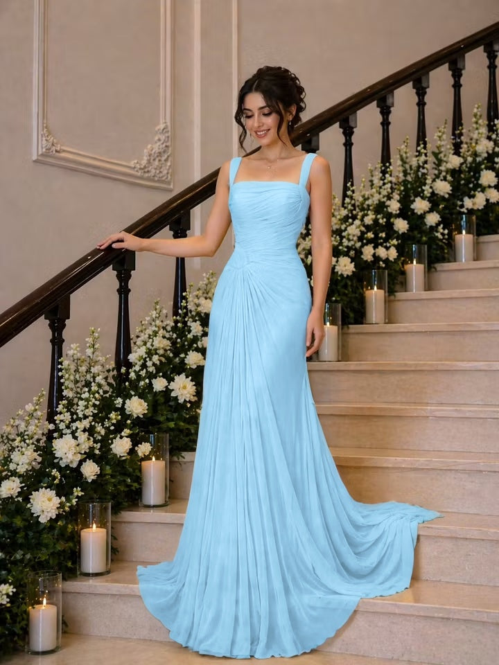 Cocoslly Wide Straps Square Neck Sleeveless High Waist Long Prom Dress With Pleated | Daffodil Chiffon YK1259