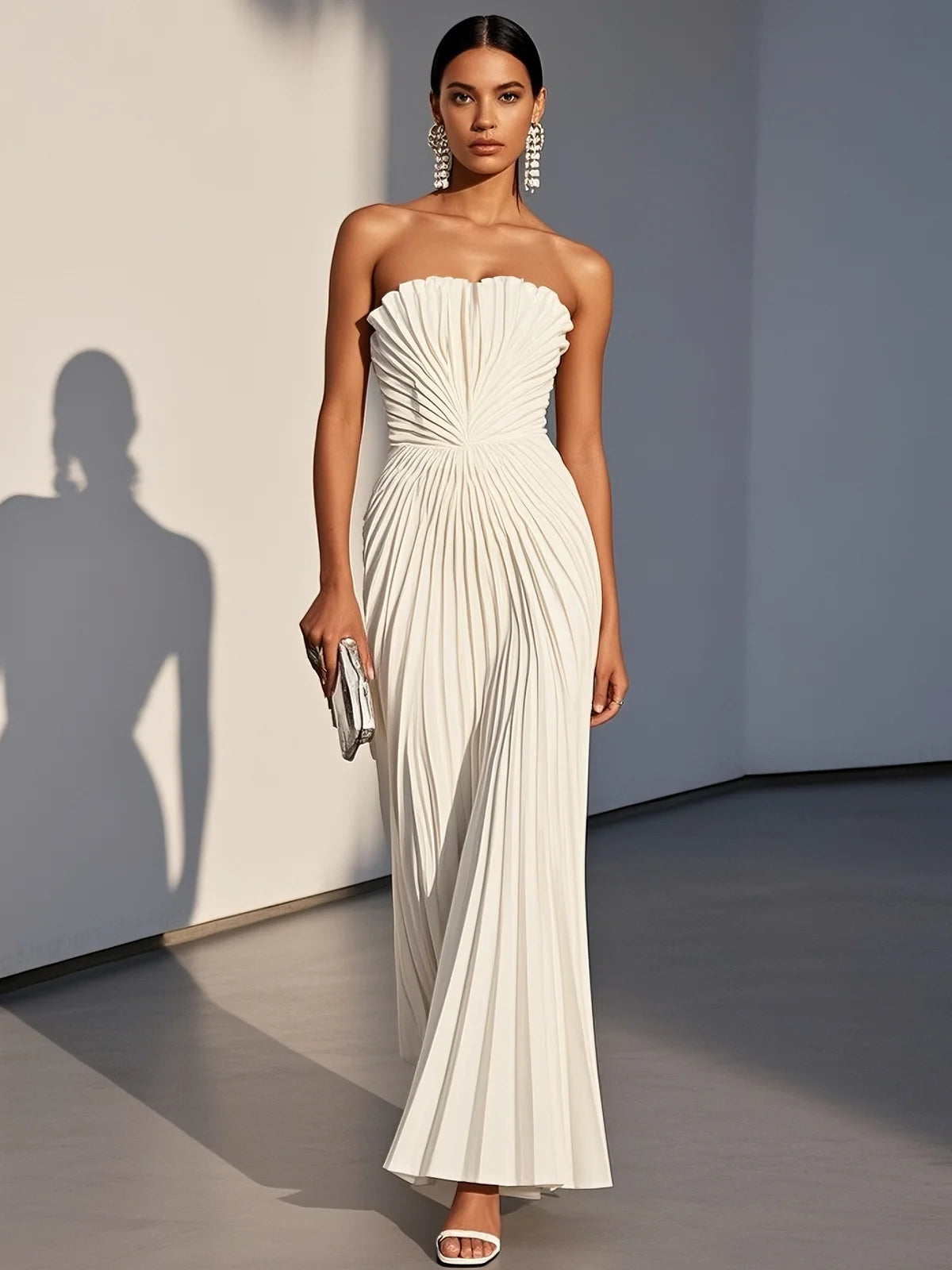 White Pleated Satin Strapless Sleeveless A-Line Maxi Dress