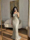 Cocoslly Spaghetti Straps Sleeveless High Waist Long Mermaid Prom Dress With PLeated | Ivory Chiffon CO0043
