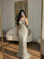 Cocoslly Spaghetti Straps Sleeveless High Waist Long Mermaid Prom Dress With PLeated | Ivory Chiffon CO0043