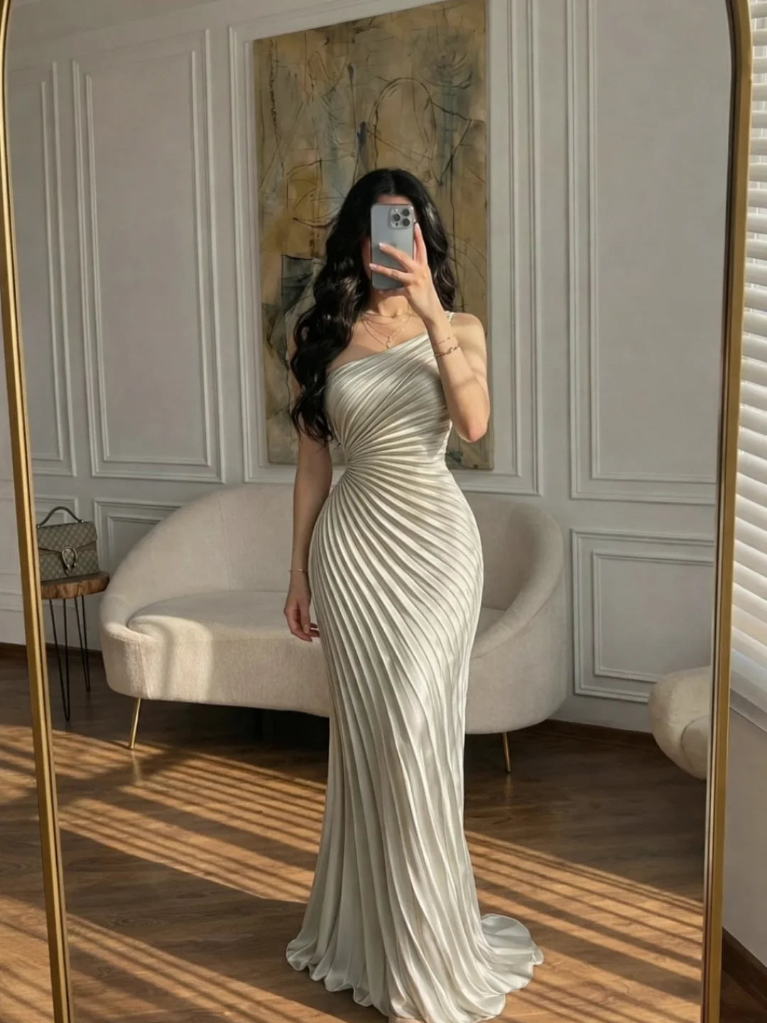 Cocoslly Spaghetti Straps Sleeveless High Waist Long Mermaid Prom Dress With PLeated | Ivory Chiffon CO0043