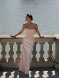 Cocoslly Strapless Sleeveless High Waist Long Prom Dress With Appliques | Pink Satin LX0113