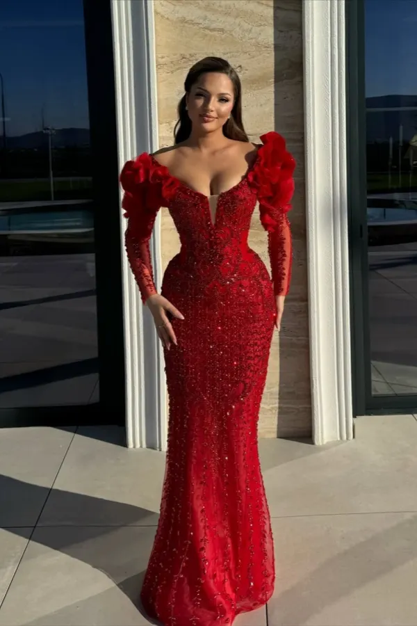 Cocoslly Strapless Long Sleeves High Waist Long Mermaid Prom Dress With Rhinstone And Flowers | Red Sequins WQ0744