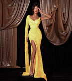 V-Neck One Shoulder Single Sleeve Long Mermaid Prom Dress With Beadings And High Split YK0627