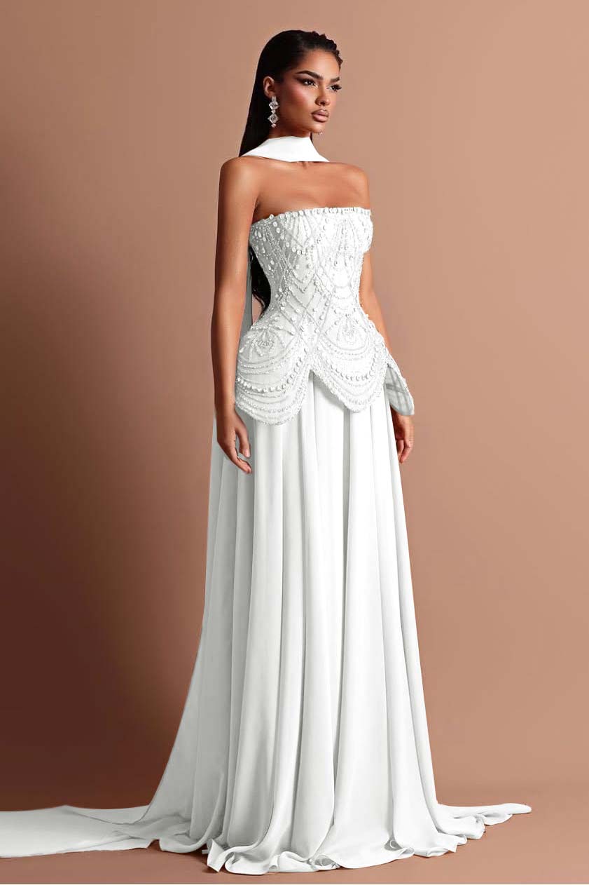 Strapless Sleeveless Long Prom Dress With Beading Pleated Wrap WQ0084