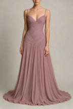 Cocoslly Spaghetti Straps Sleeveless High Waist Long Prom Dress With Pleated | Dusty Blue Chiffon LR0340