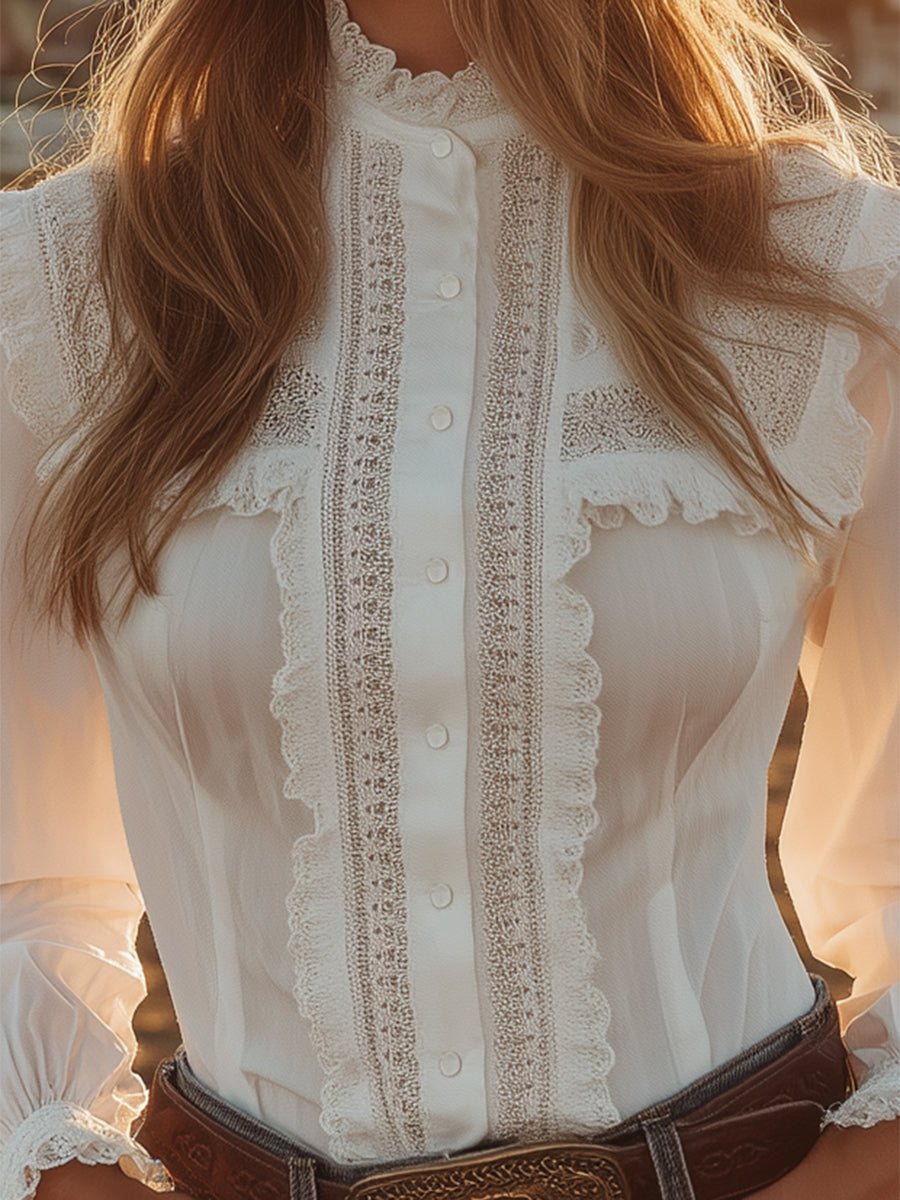 銆�24-hour shipping out銆慦estern-style White Lace Button-down Shirt