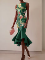 Green Floral Boat Neck Sleeveless Mermaid Midi Dress