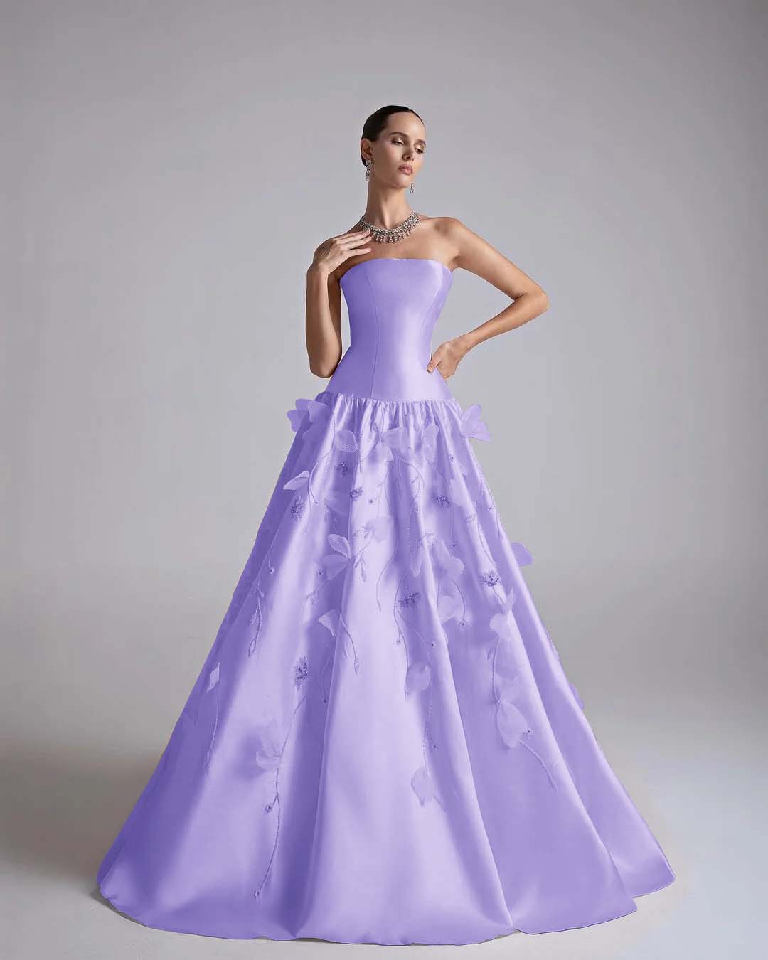 Satin Strapless Sleeveless Long A-Line Prom Dress With Flower Appliqués And Beadings YK0682