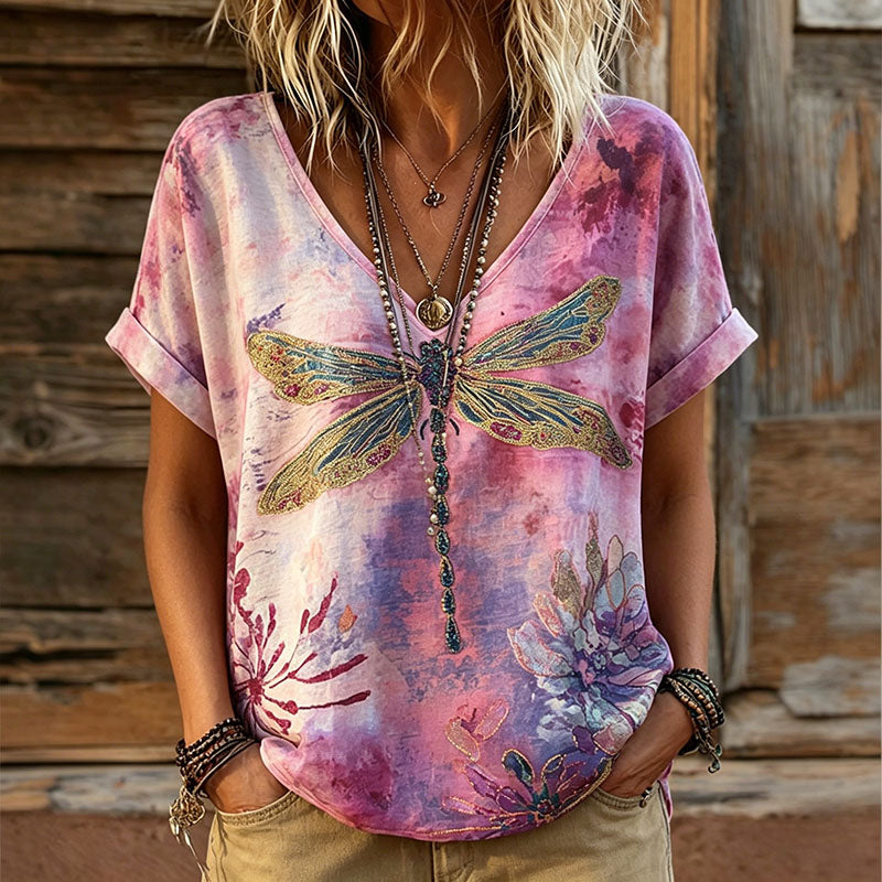 Women's Retro Tie-dye Floral And Dragonfly Pattern Art Print Casual T-shirt