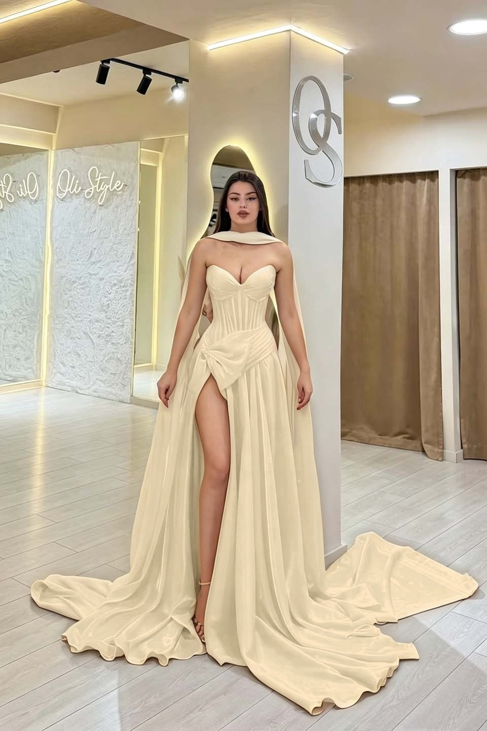 Cocoslly Strapless Sweetheart Sleeveless High Waist Long Split Prom Dress With Scarf | Burgundy Satin YC0479