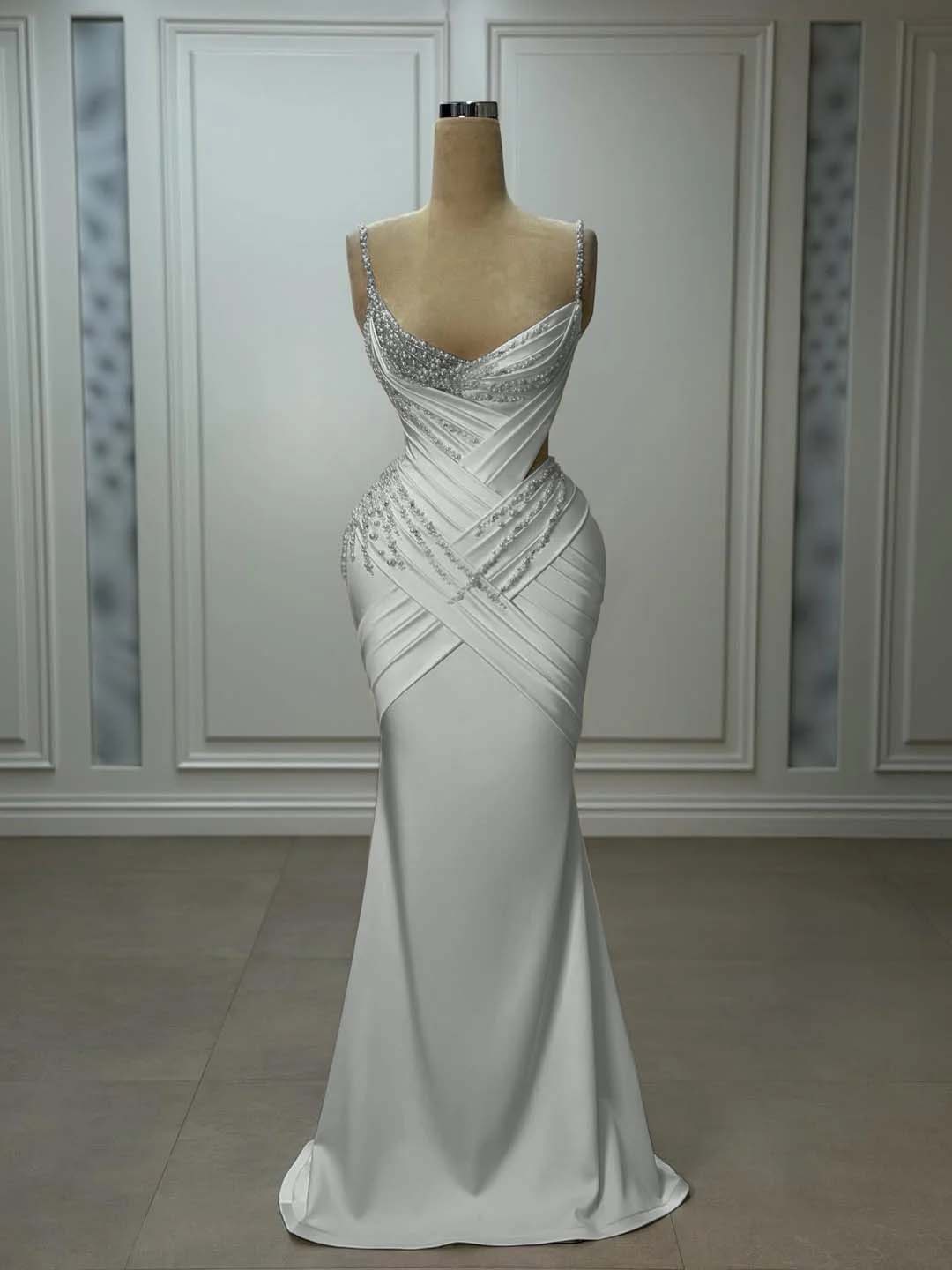 Satin V-Neck Spaghetti Straps Strapless Sleeveless Long Mermaid Prom Dress With Pleated And Beadings YK0743