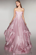 Cocoslly Strapless Sleeveless High Waist Long A Line Prom Dress With Flowers | Pink Satin