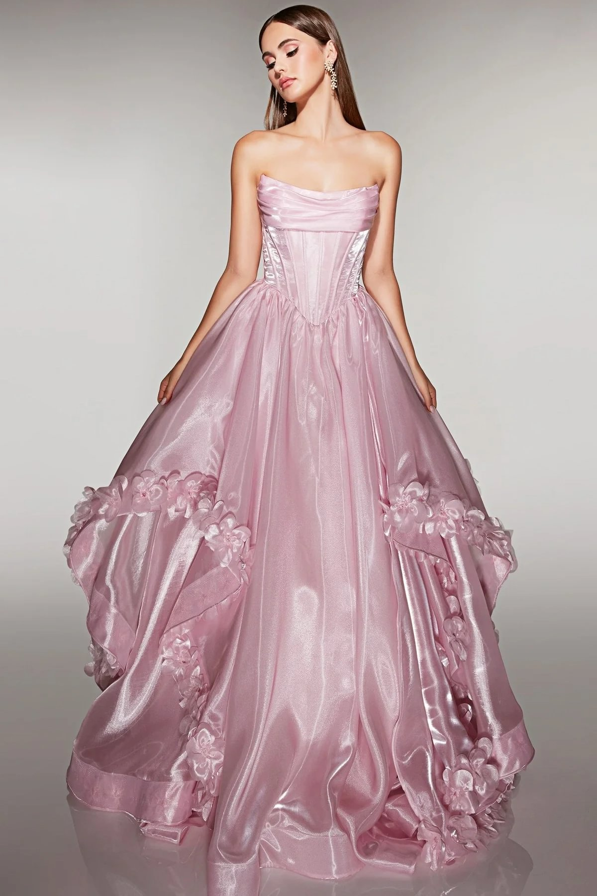 Cocoslly Strapless Sleeveless High Waist Long A Line Prom Dress With Flowers | Pink Satin