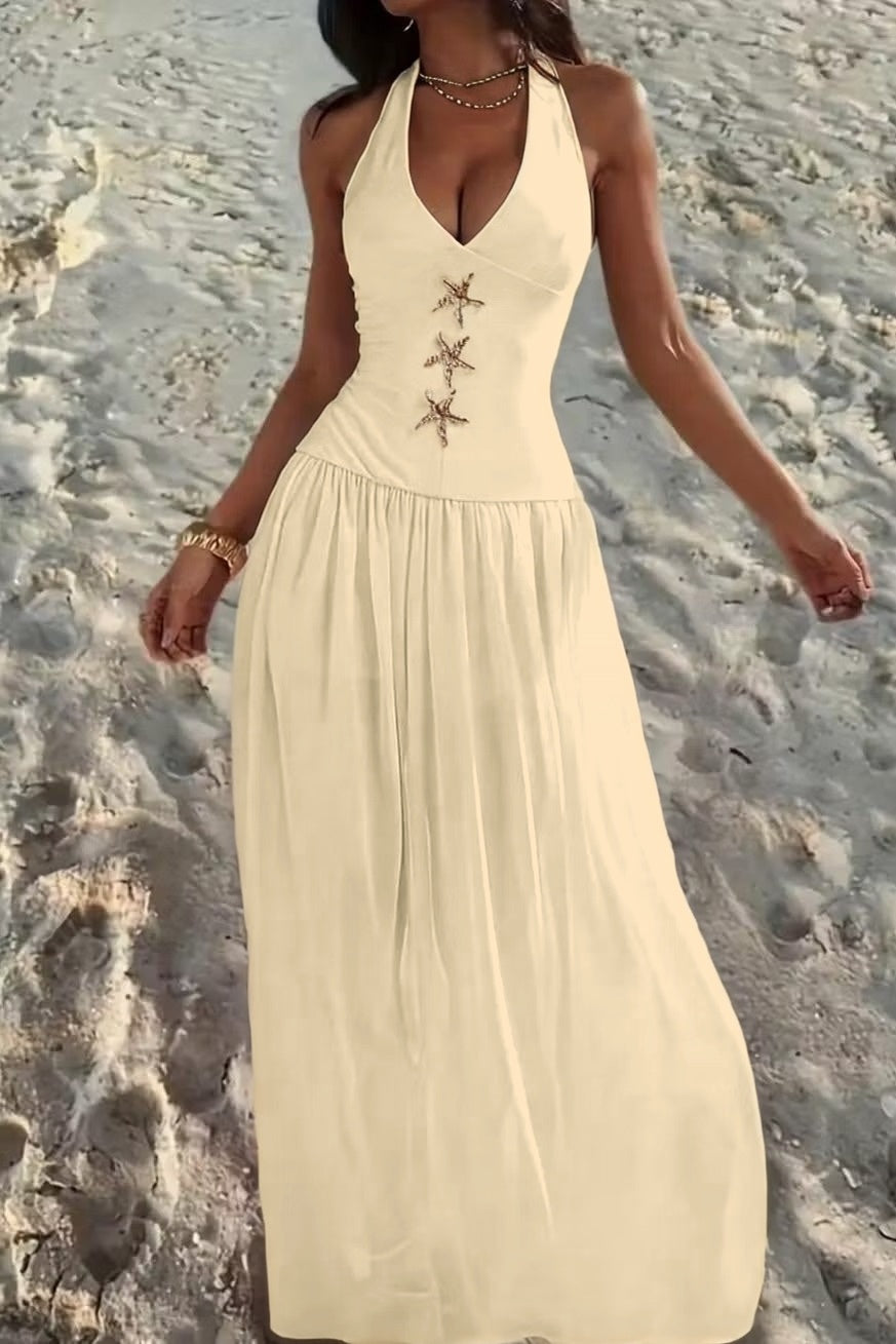 Cocoslly Halter V-Neck Sleeveless High Waist Long Prom Dress With Rhinstone | Ivory Chiffon XJ0755