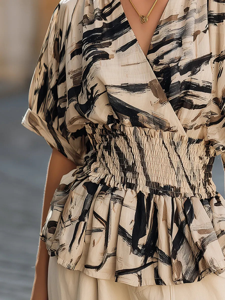 Abstract Brushstroke Printed Peplum Top