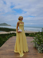 Cocoslly Spaghetti Straps Sleeveless High Waist Long Prom Dress With Scarf | Yellow Satin CO0200
