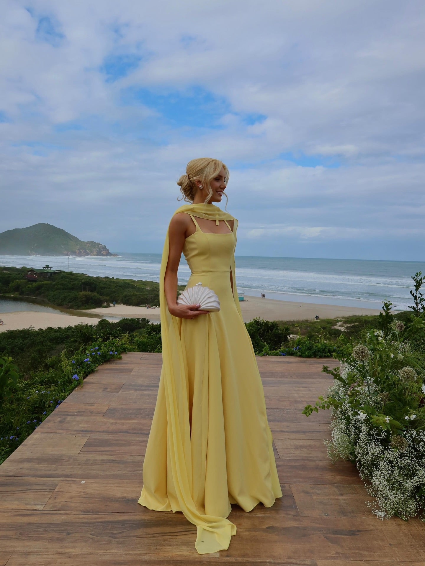 Cocoslly Spaghetti Straps Sleeveless High Waist Long Prom Dress With Scarf | Yellow Satin CO0200