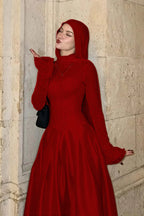 Cocoslly High Neck Long Sleeves High Waist Long Prom Dress With Hat | Burgundy Satin LR0513