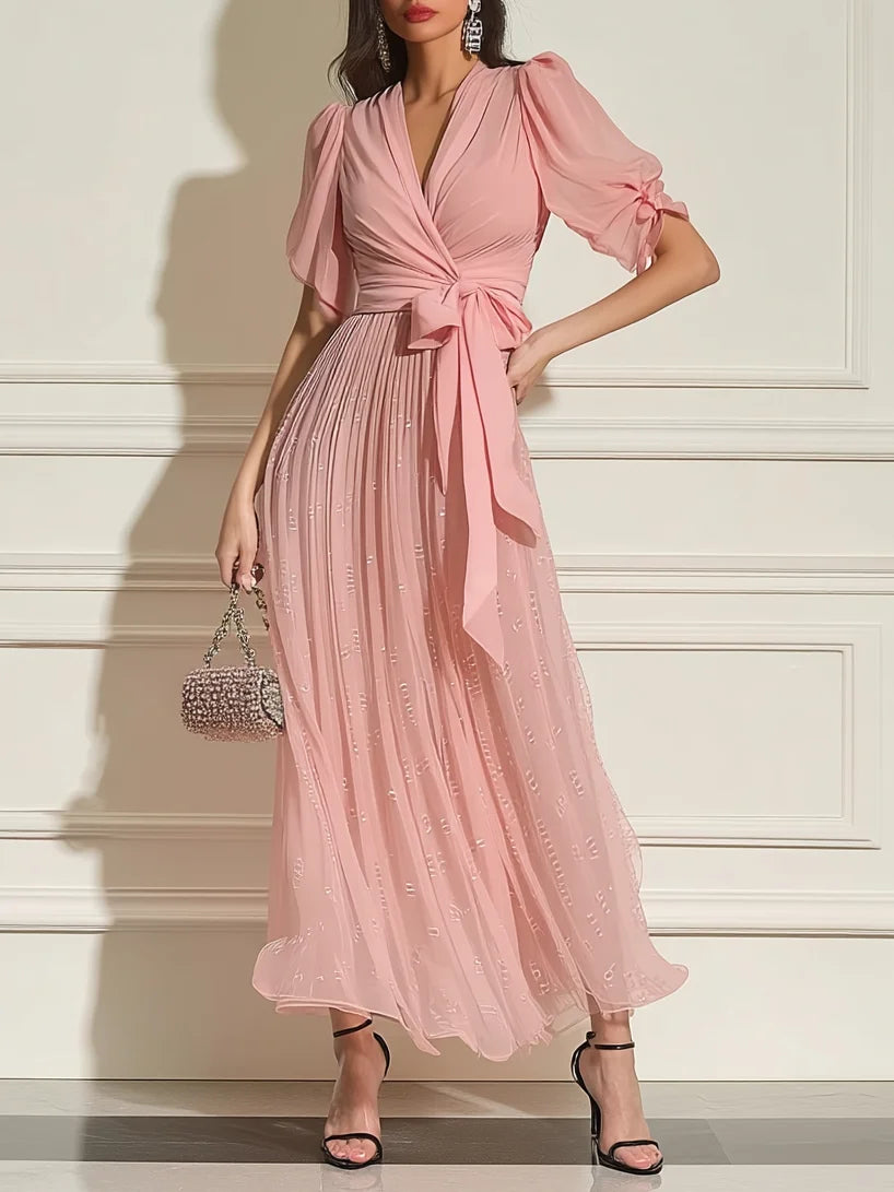 Pink Ruched Bow Chiffon V Neck Short Sleeve Sheath Maxi Dress