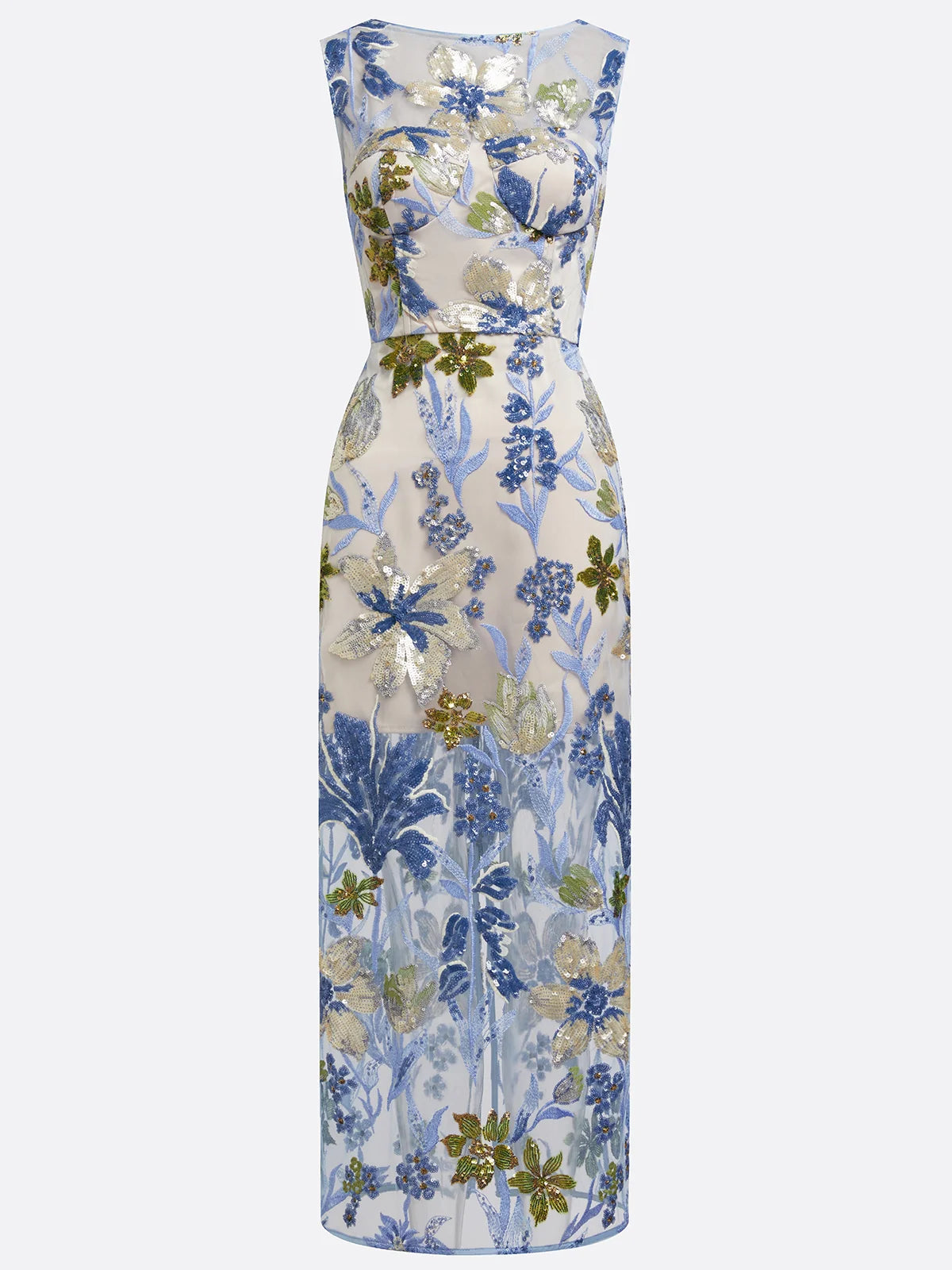 Blue Sequin Embroidery Classic Boat Neck Sleeveless Mermaid Floor-length Gown Dress
